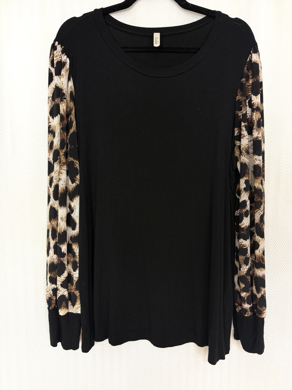 Celeste Black Top with Semi-Sheer Leopard Print Sleeves Size 1X